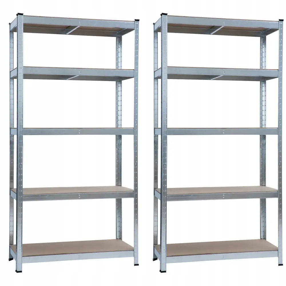 2X lagerhylle for garasje eller verksted, to sølvfargede metallreoler med fem lyse trehyller hver.