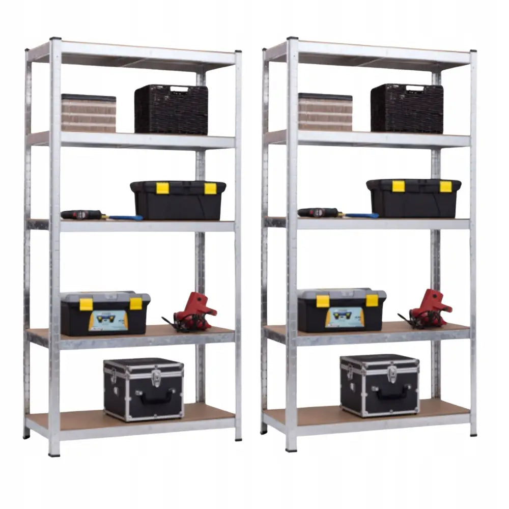 Metallisk lagerhyllereol med fem nivåer, fylt med verktøykasser, kurver og oppbevaringsbokser, frontvisning.