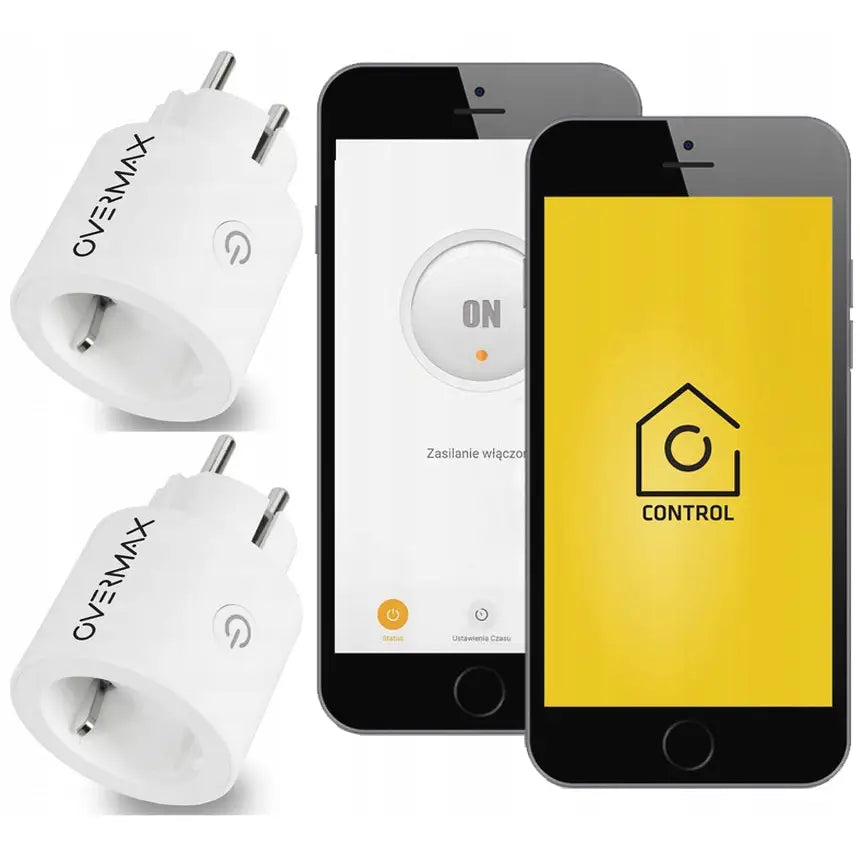 2X smart stikkontakt, to hvite wifi-støpsler med på-knapp-symbol, styrt via app på smarttelefon.