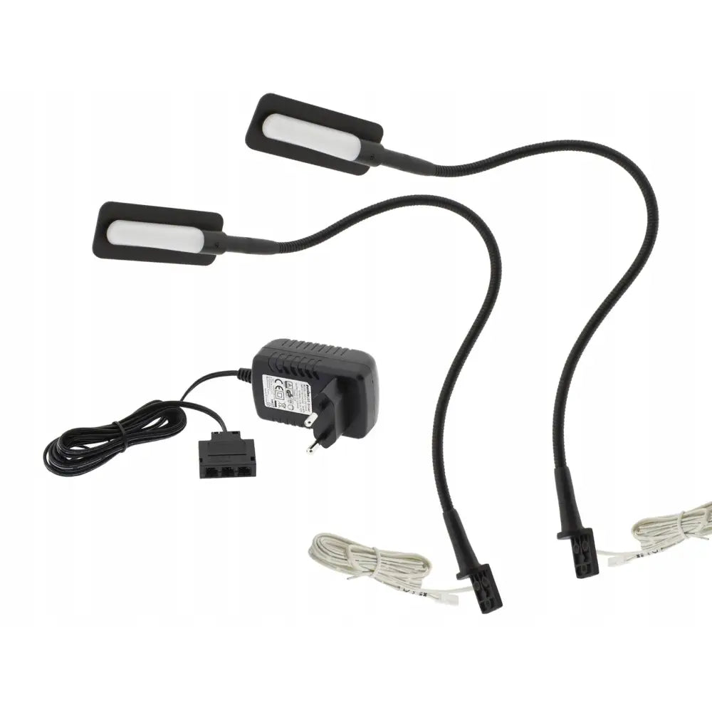 Toarmet sort LED-vegglampe for soverom, fleksible armer og rektangulære hoder, inkludert strømadapter.