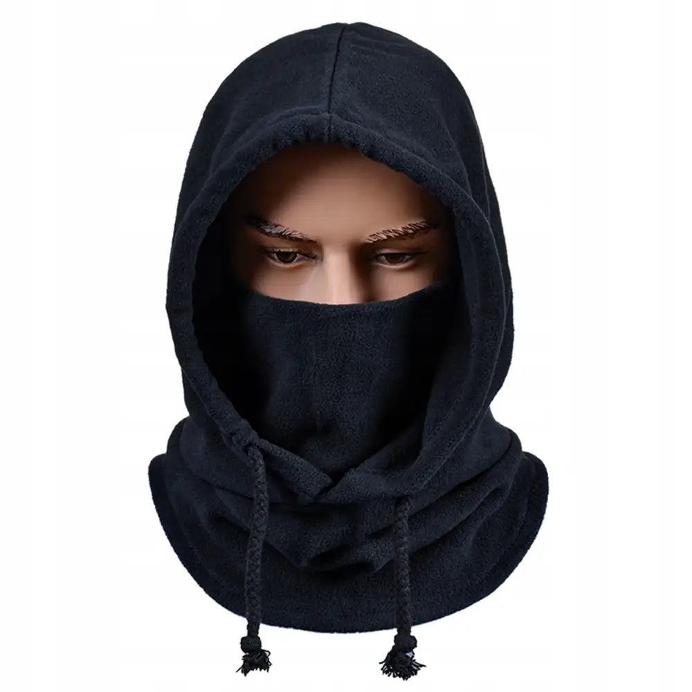 3-i-1 fleece balaclava i mørkeblått, sett forfra på mannequin med justerbare snorer og mykt halsstykke.