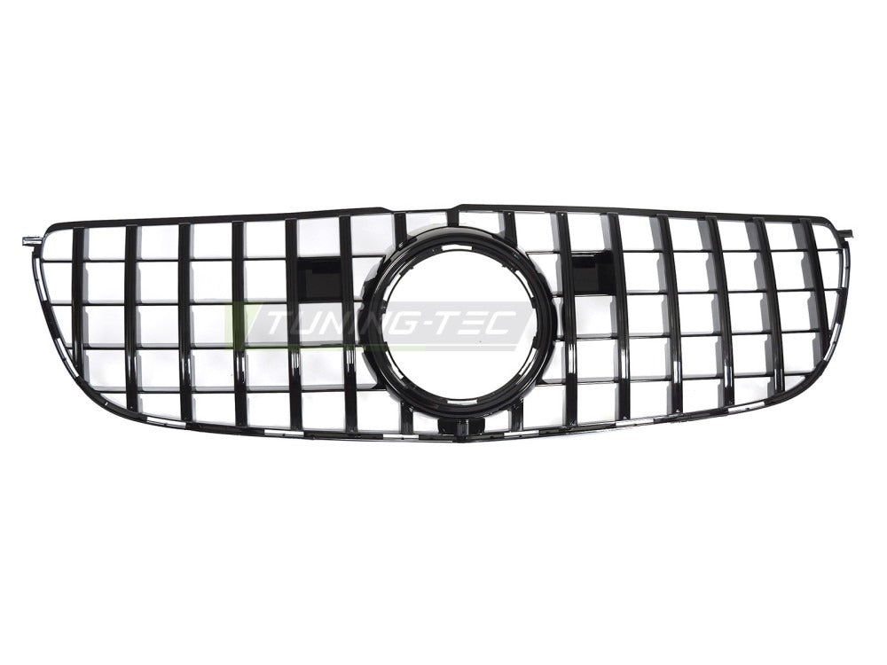 Detaljbilde av Grill Mercedes GLS X166 15-19 blank sort med GT-mønster og emblemfeste.