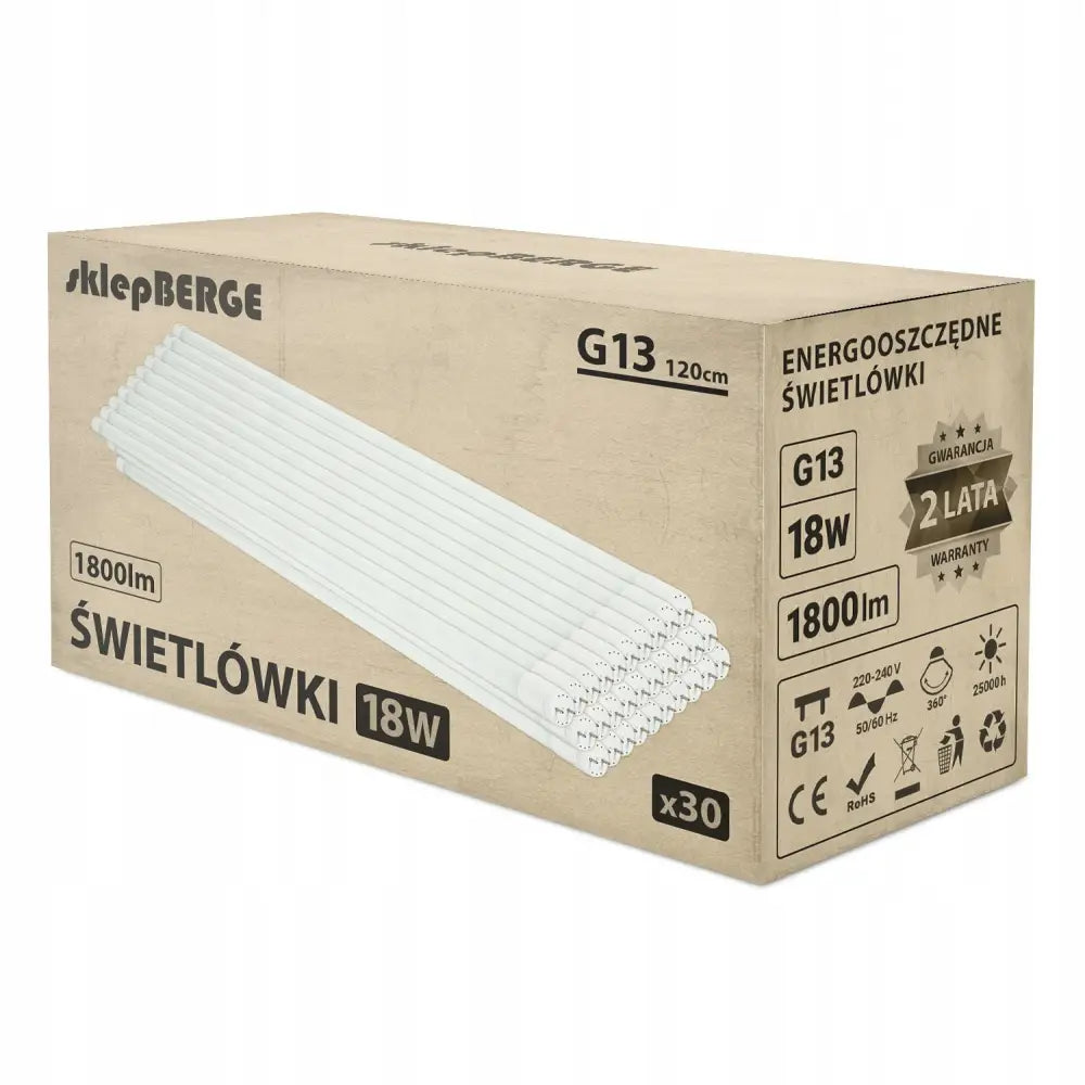 30X LED-lysrør 120cm, eske med illustrasjon og tekniske spesifikasjoner synlig fra skrå forside.