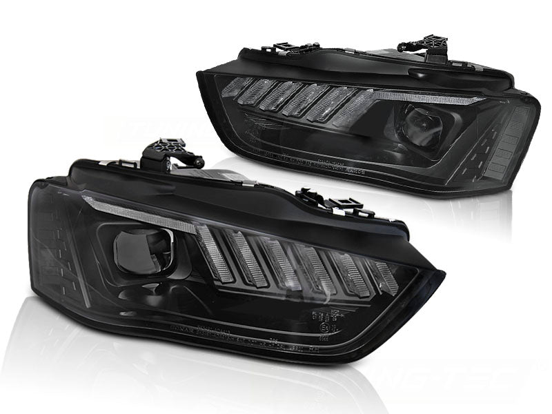 Frontlykter LED Black Sequential til Audi A4 B8 12-15 sett rett forfra på hvit bakgrunn.