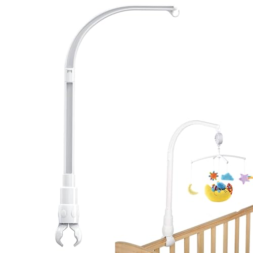 Babymobil hvit plastarm med krok, sidevisning av feste til sprinkelseng og eksempelbilde med uro montert.