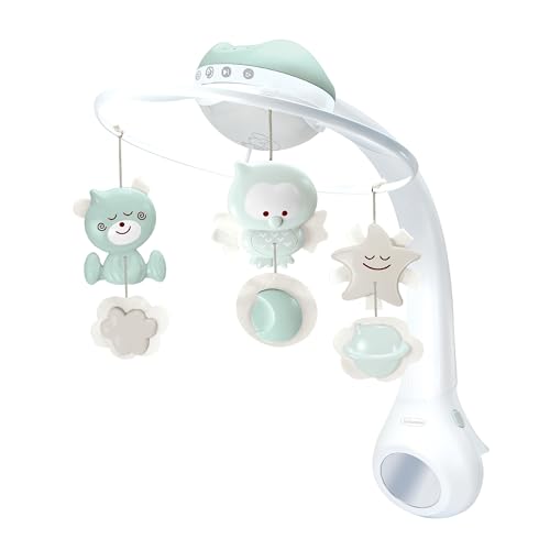 Baby Uro i hvit og mintgrønn plast med hengende bjørn, ugle, stjerne og skyer, sett fra skrått siden.