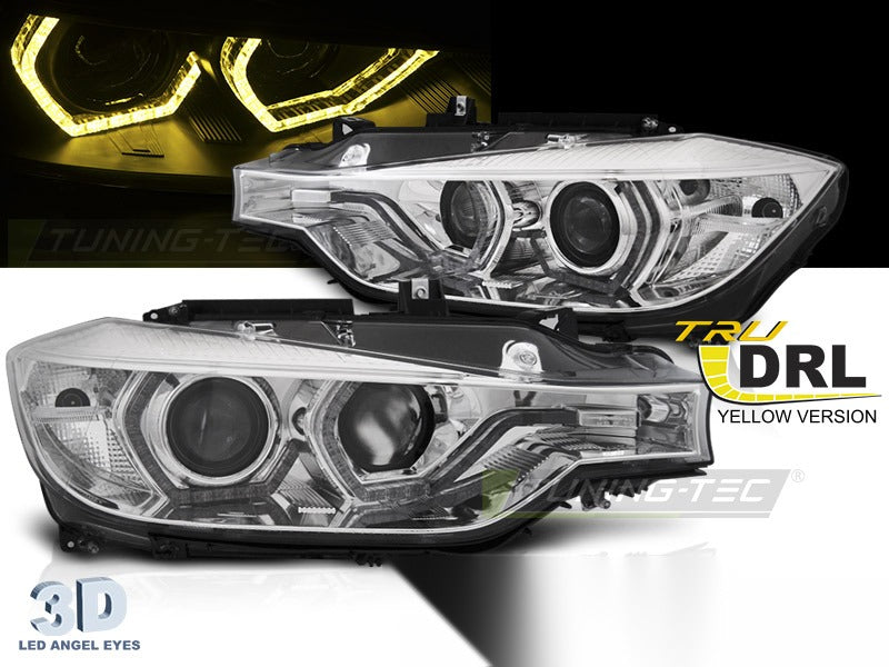 Detaljbilde av frontlykter BMW F30/F31 11-15 med LED-detaljer.