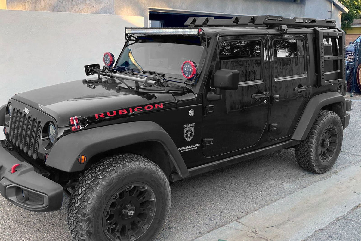 Takstativ Plattform Ventshield til Jeep Wrangler JL 5-dørs 2017 og nyere, svart lakkert aluminium