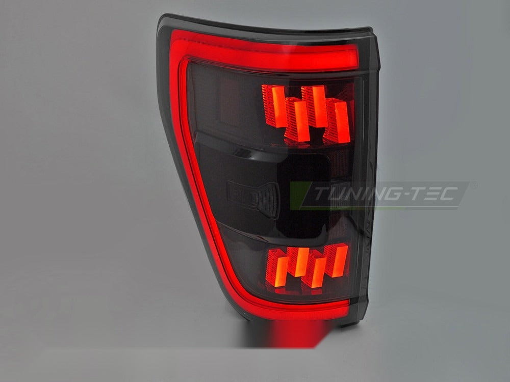 Detaljbilde av baklykter til Ford F150 MK14 (XIV) med LED-detaljer synlige.
