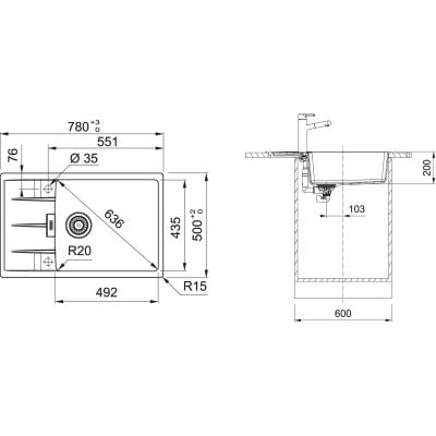 Måltegning Franke Centro CNG 611-78 XL – mål 780x500 mm