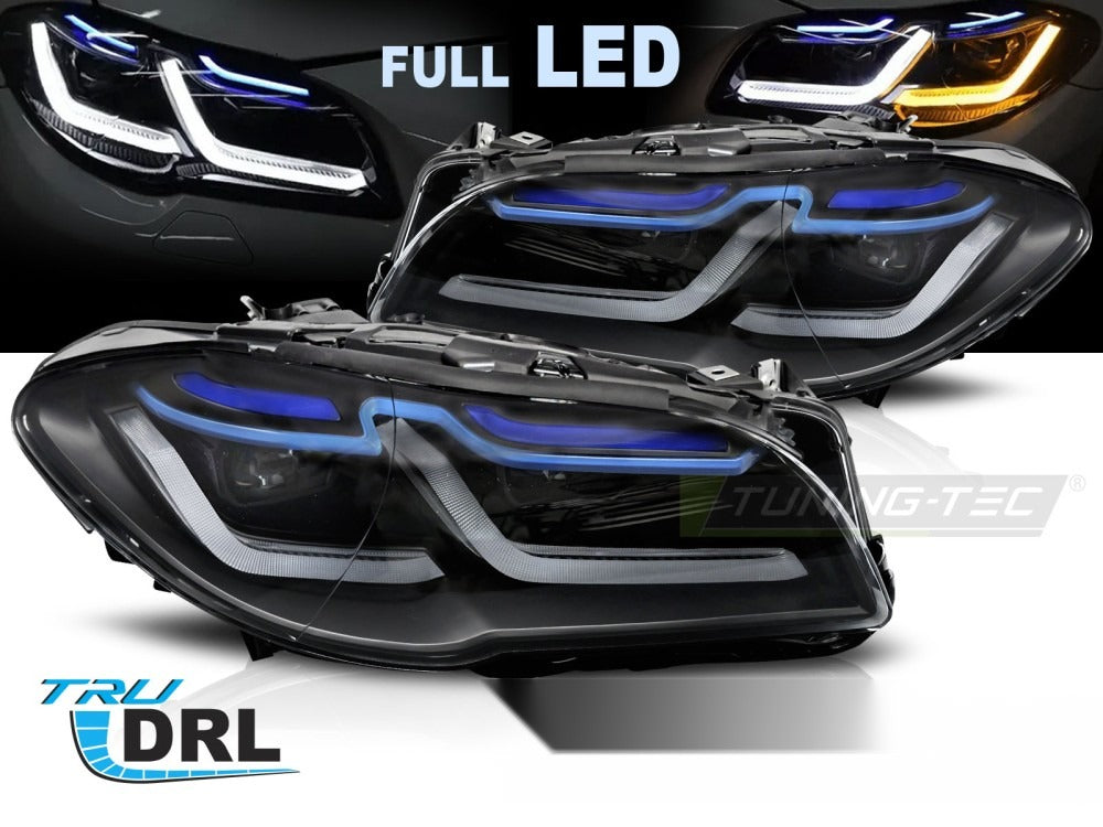 Detaljbilde av frontlykter BMW F10/F11 LCI 13-16 med LED-detaljer.