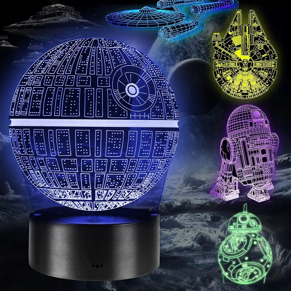 3D Star Wars LED-illusjonslampe på sort sokkel, viser fargerike sci-fi-motiver i akryl.