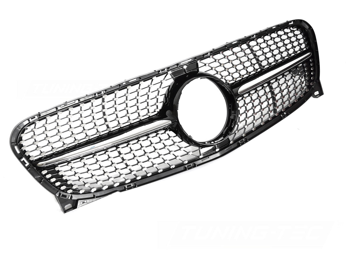 Grill Diamond Blank Sort Krom til Mercedes GLA X156 13-16 sett rett forfra på hvit bakgrunn.