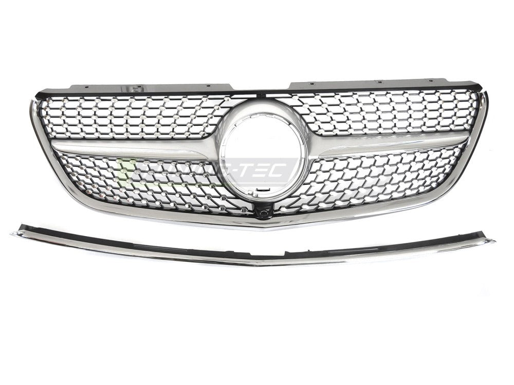 Detaljbilde av Grill Mercedes Vito W447 14-19 sølv/krom med diamond-mønster og emblemfeste.