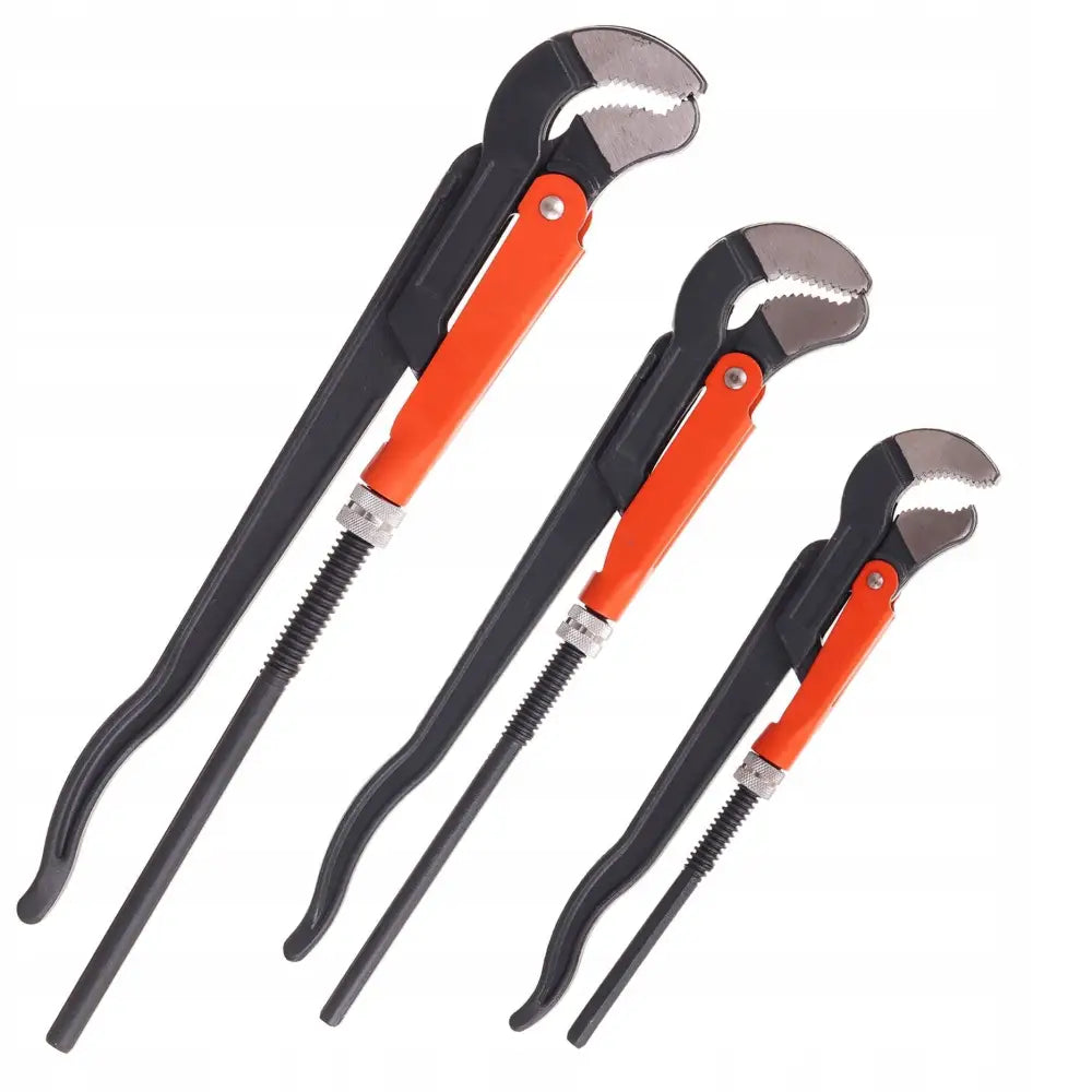 Justerbare rørtenger i tre størrelser med oransje håndtak, sideprofil mot hvit bakgrunn.