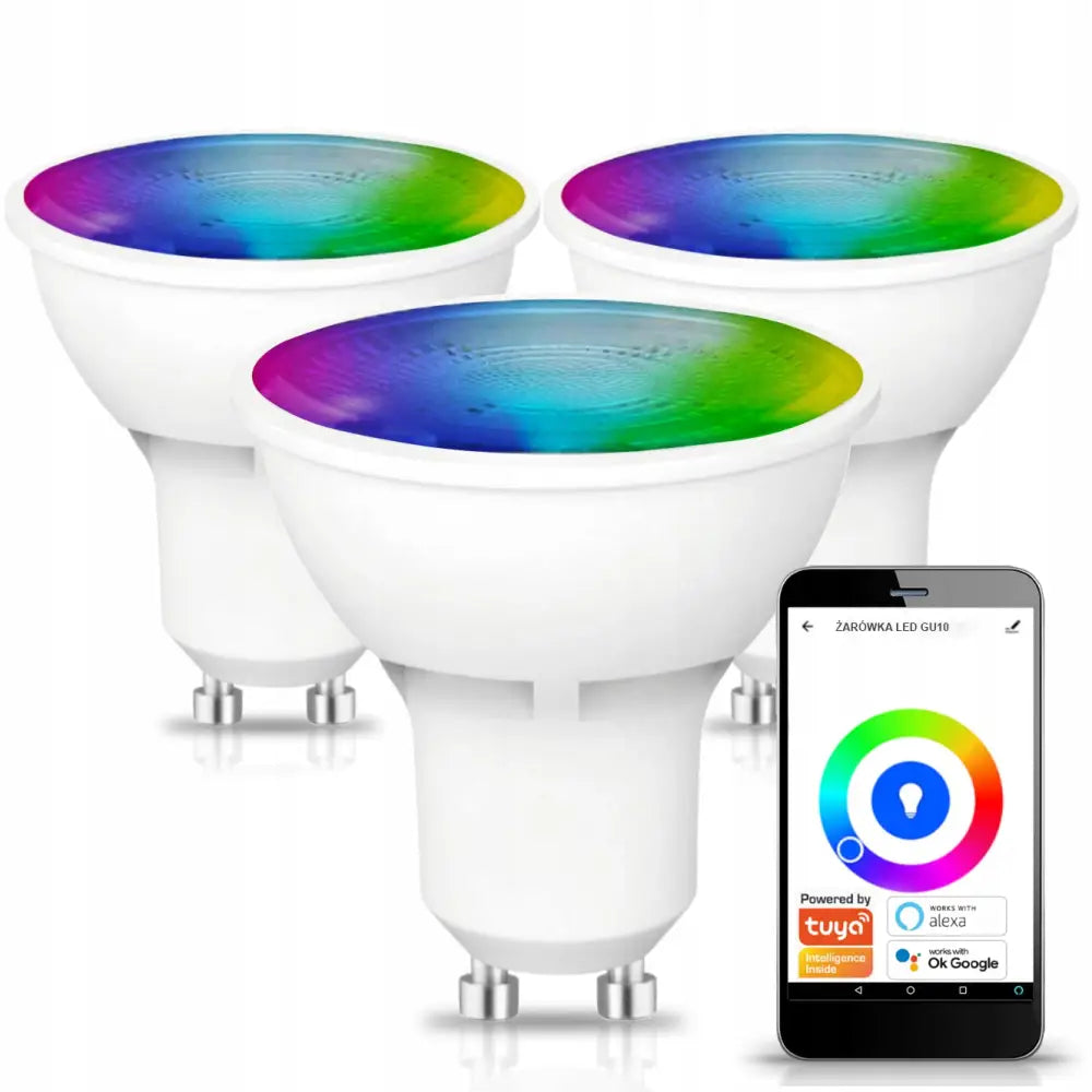 3X LED halogenpærer GU10 med RGB-lysoverflater, vist med smarttelefon og app for fargekontroll.