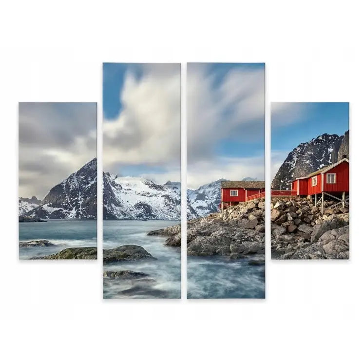 4-delt bilde med røde naust ved steinete kyst, snødekte fjell og blå himmel, satt sammen på lerret.