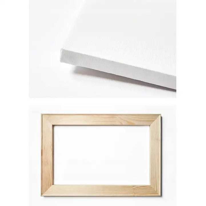 Detalj av hvitt lerret og treramme for 4-delt bilde, nærbilde mot hvit bakgrunn med fokus på materialer.