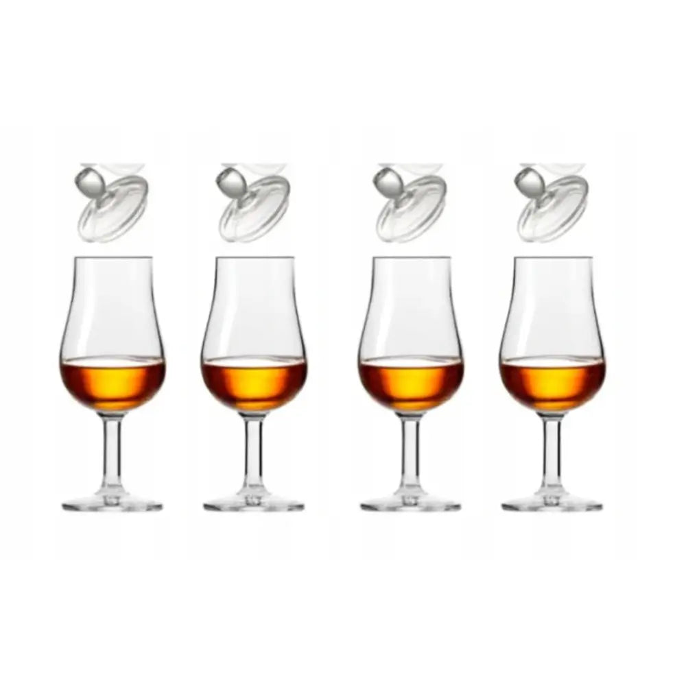 Krosno Pure whiskyglass med stett, fylt med ravfarget drikke og tilhørende runde glasslokk på hvit bakgrunn.