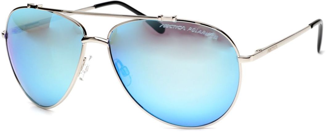 Solbriller med blå speilglass, tynn sølvfarget metallramme og sorte stenger, sett fra skrå forside.