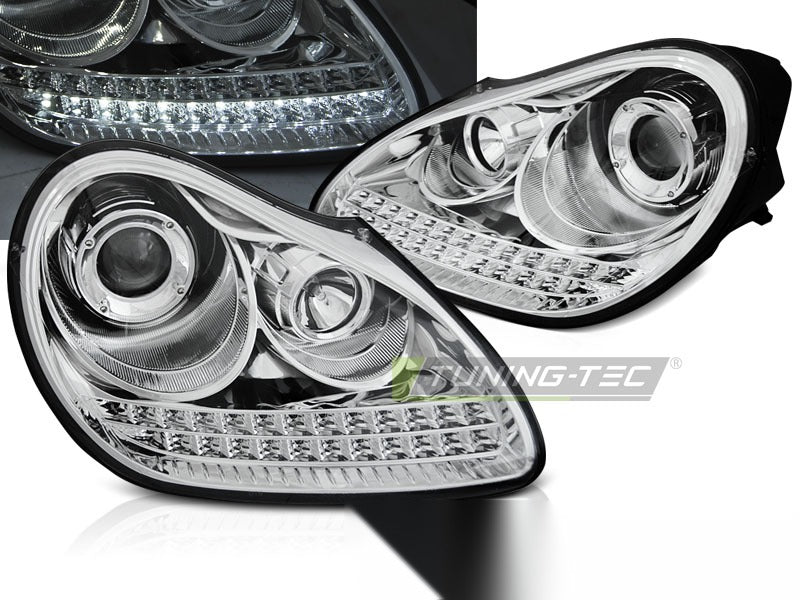 Detaljbilde av frontlykter Porsche Cayenne 02-06 med detaljer.