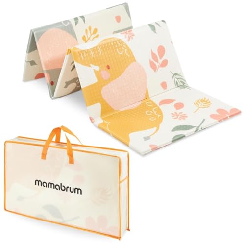 Lekematte i lyse farger med gult og rosa dyremotiv, blomster og oppbevaringsbag med oransje kant.