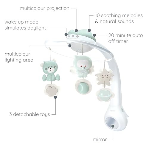 Uro Baby 3-i-1 babymobil i hvitt og pastellgrønt med dyr, stjerner, speil, projektor og engelske forklaringstekster.