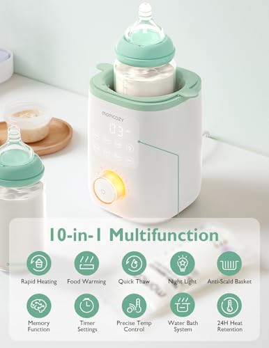 Flaskevarmer Baby i hvitt og mintgrønt med melkeflaske, display, knapper og engelsk tekst om funksjoner på fronten.