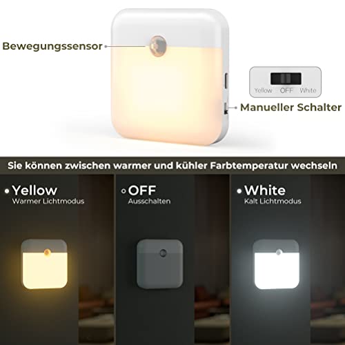 Bevegelsessensor Lys kvadratisk nattlampe i hvit plast med sensor, bryter og tre lysmoduser, sett fra to vinkler.