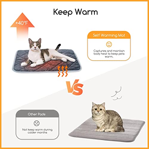 Varmeteppe Katt på mørkebrun selvoppvarmende matte med oransje effekter, sammenlignet med grå matte.