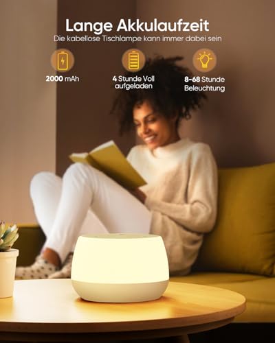 Nattlampe i hvitt, moderne design står på et trebord, bak sitter en person og leser på en sofa.
