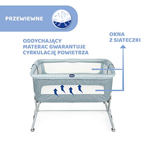 Crib i sagegrønn fra Chicco, høydejusterbar, passer baby 0–6 mnd, maksvekt 9 kg, sett fra siden.