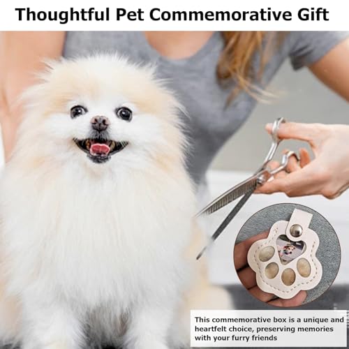 Minneboks Baby hvit liten hund blir klippet med saks, detalj av poteformet skinnnøkkelring vises i sirkel.