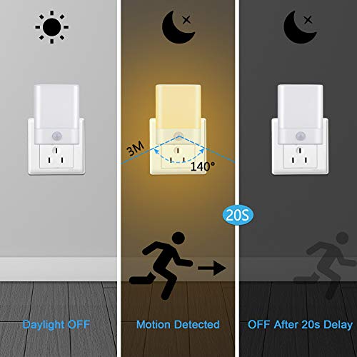 Led Lampen vises av i dagslys, på ved bevegelse i mørket, og av igjen etter 20 sekunder, med engelske forklaringer.