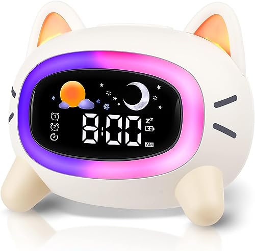 Vekkerklokke Barn formet som en kremfarget katt med LED-ramme og digitale tall på skjermen, sett forfra.