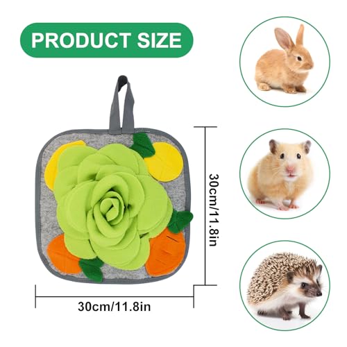 Snusematte Lage Selv firkantet grå aktivitetsmatte 30x30 cm med grønne og gule stoffblomster, dyr og målangivelse.