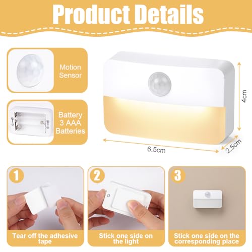 Led Lampen vist forfra med hvit og gul plast, mål 6,5 x 4 x 2,5 cm, batteriluke og festeteip synlig.