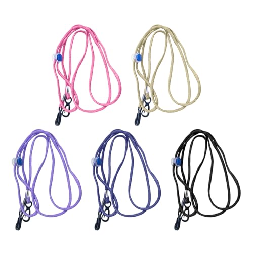 Vottesnor i fem ulike farger med klips, laget av nylon, ligger side om side på hvit bakgrunn.