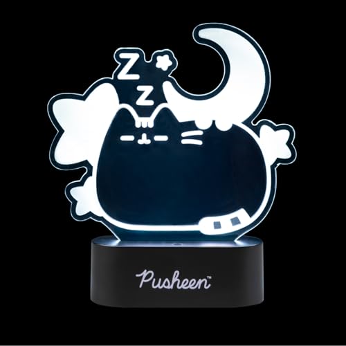 Lampe Barnerom med LED-lys, sovende Pusheen-katt under måne og stjerner, sort sokkel med teksten "Pusheen".