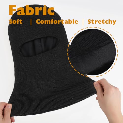 Balaclava Barn i sort strikk, vises forfra med elastisk stoff og stort hull til øynene, nærbilde av teksturen.