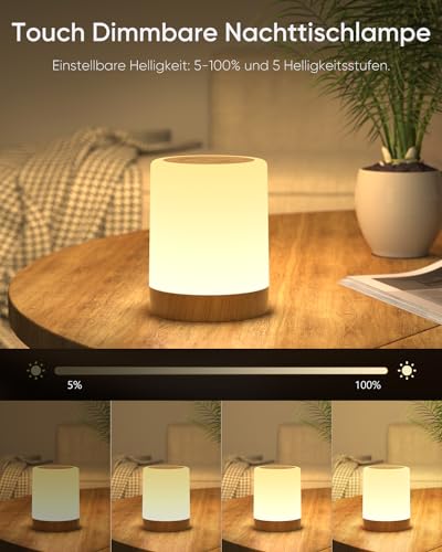 Bordlampe i sylinderform med hvit topp og trefarget bunn, står på trebord foran sofa og grønn plante.