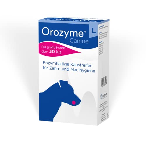 Tyggebein Hund eske med Orozyme tyggepinner med kollagen, hvit blå rosa design, illustrasjon av hund.