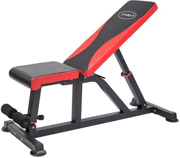 Sammenleggbar Treningsbenk med svart og rødt polstret sete, justerbar ryggstøtte og synlig metallramme.