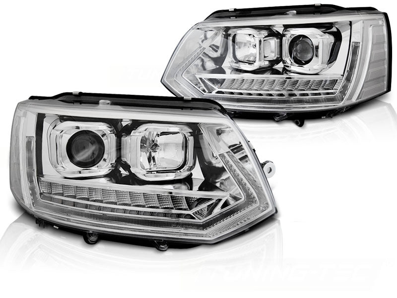 Frontlykter Tube Light DRL til VW T5 10-15 sett rett forfra på hvit bakgrunn.