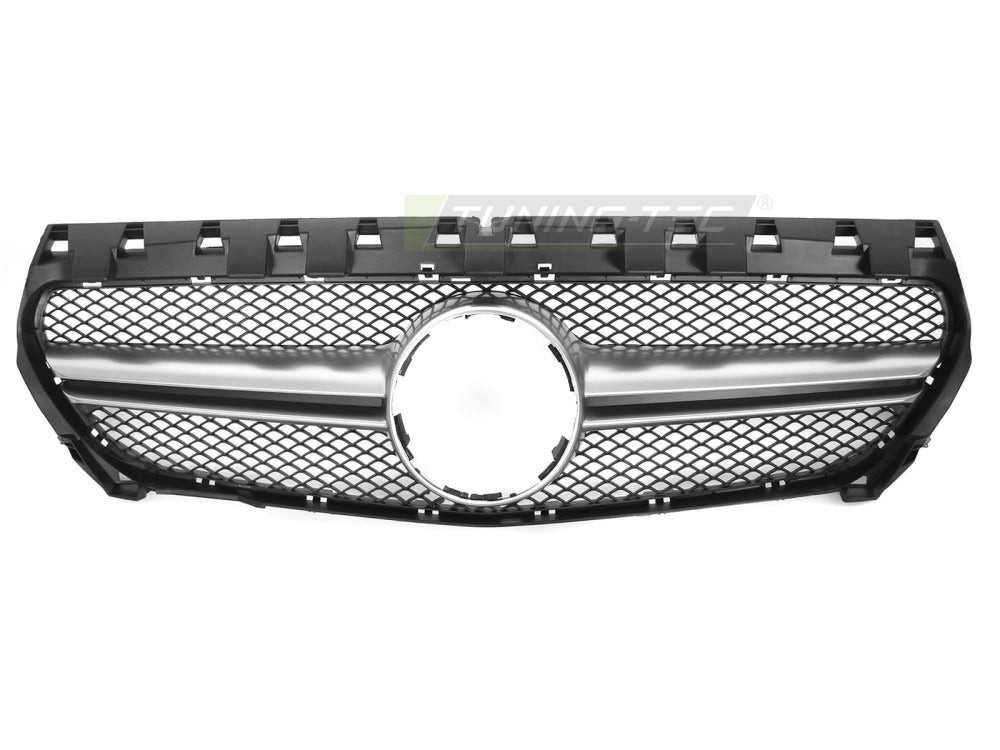 Detaljbilde av Grill Mercedes CLA W117 13-19 sort/sølv med lamellstruktur og emblemfeste.