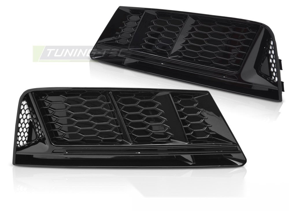 Tåkelys-deksel Glossy Black HØYRE til Audi A4 B9 15-19 sett rett bakfra på hvit bakgrunn.
