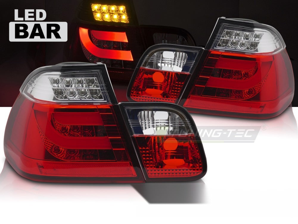 Detaljbilde av baklykter BMW E46 Sedan 01-05 med LED-detaljer.