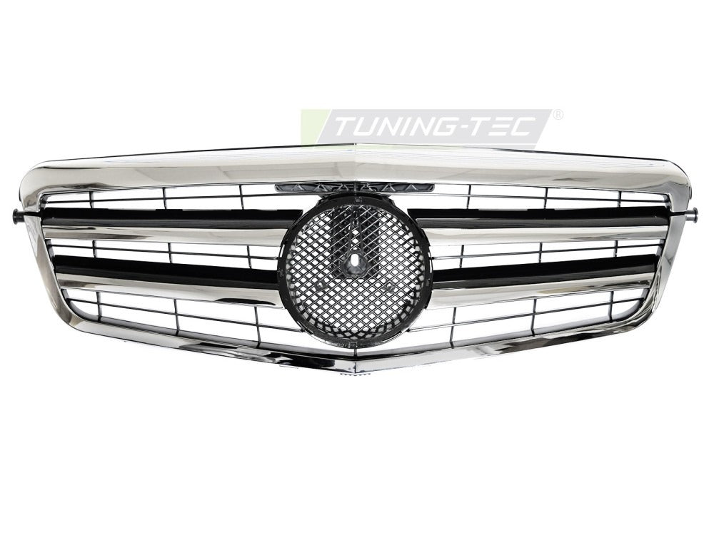 Detaljbilde av Grill Mercedes E-Klasse W212/S212 09-13 sort/krom med lamellstruktur og emblemfeste.