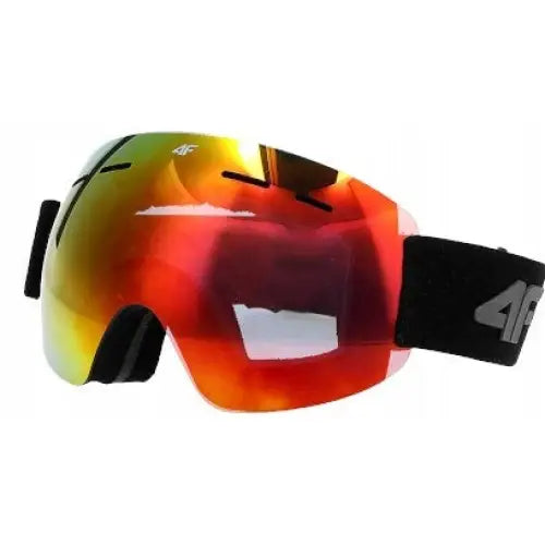 4F barnebriller med speilbelegg, skråvisning som fremhever rød-oransje speilglass og sort stropp med logo.