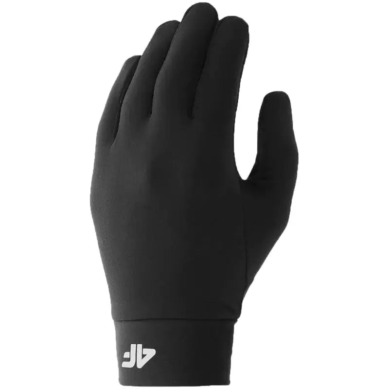 Sort 4F Cas hanske i syntetisk materiale, overside med hvit logo ved håndleddet mot hvit bakgrunn.